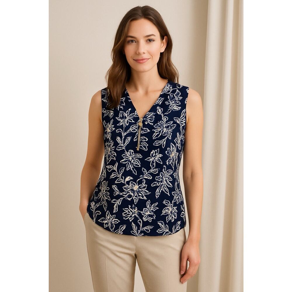 NWT Ann Klein Blouse Top Small Navy White Floral Stretch Office Career Business